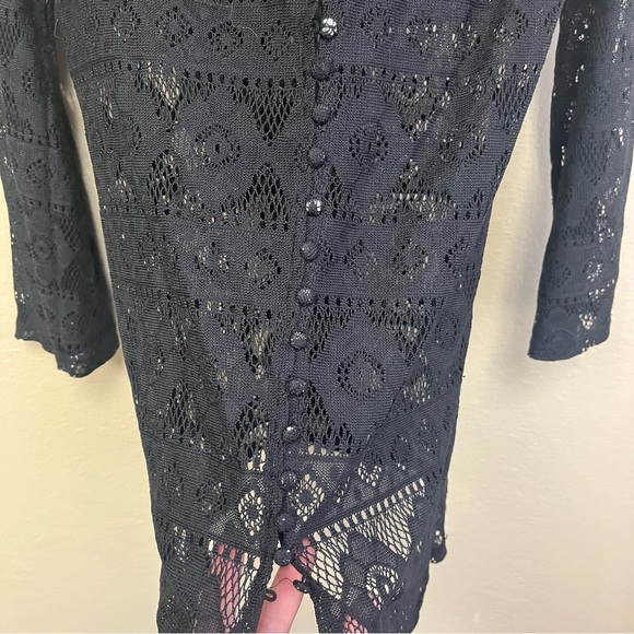 Lulus Black Boho Crochet Lace Sheer Swim Dress Coverup Sz Medium  Button Front - Picture 7 of 9